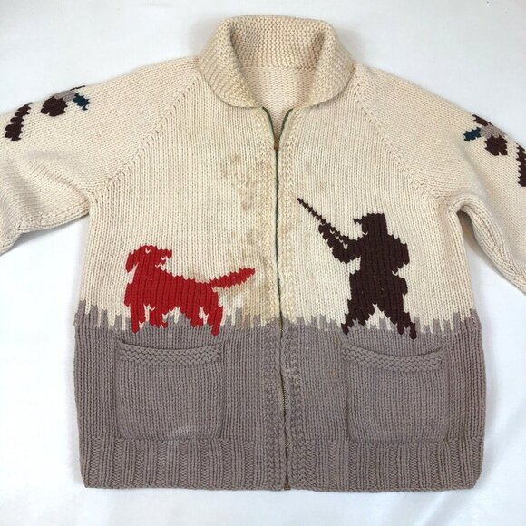 Vintage Cowichan Knitted Zip Sweater Hunter Dog Hunting Pheasant Talon Zipper - Picture 4 of 11